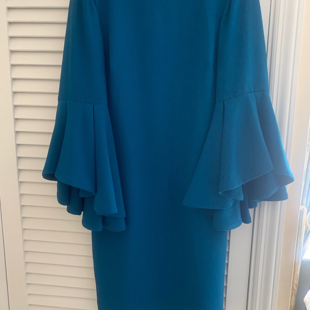 Badgley Mischka bell sleeve sheath
